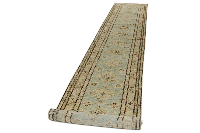 3x19 Light Blue and Ivory Turkish Oushak Runner