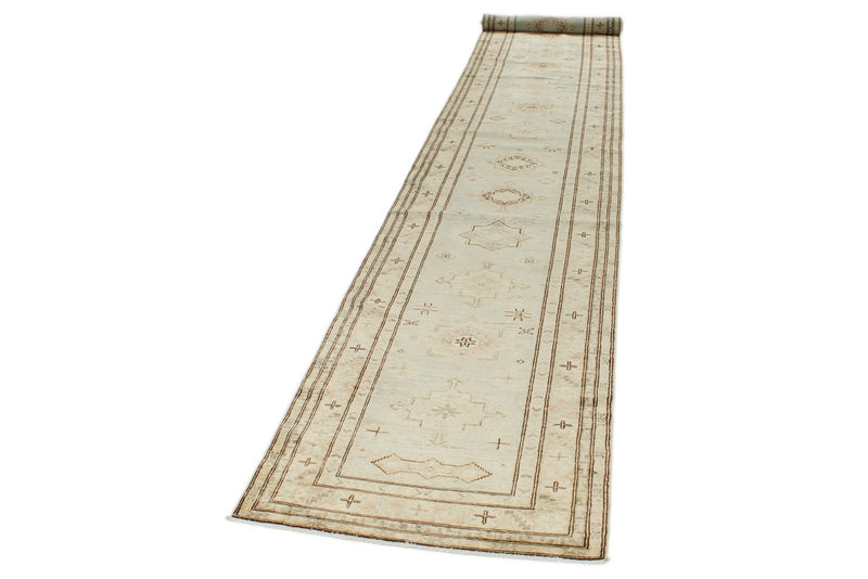 3x19 Light Blue and Ivory Turkish Oushak Runner