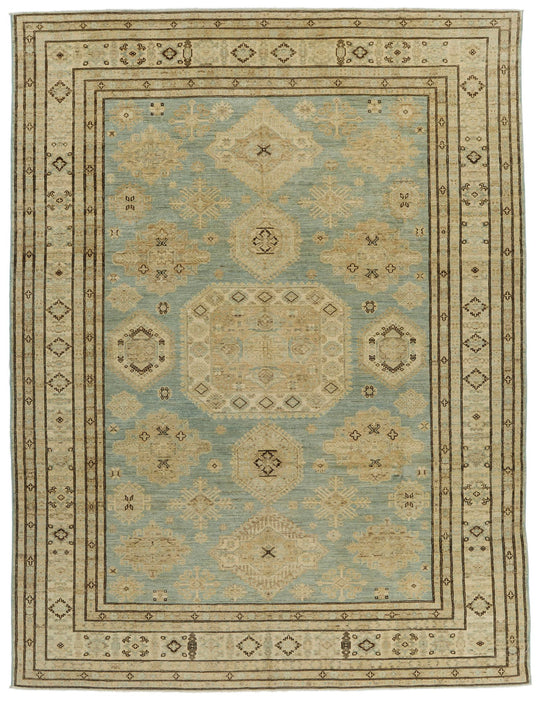 9x12 Light Blue and Ivory Turkish Tribal Rug