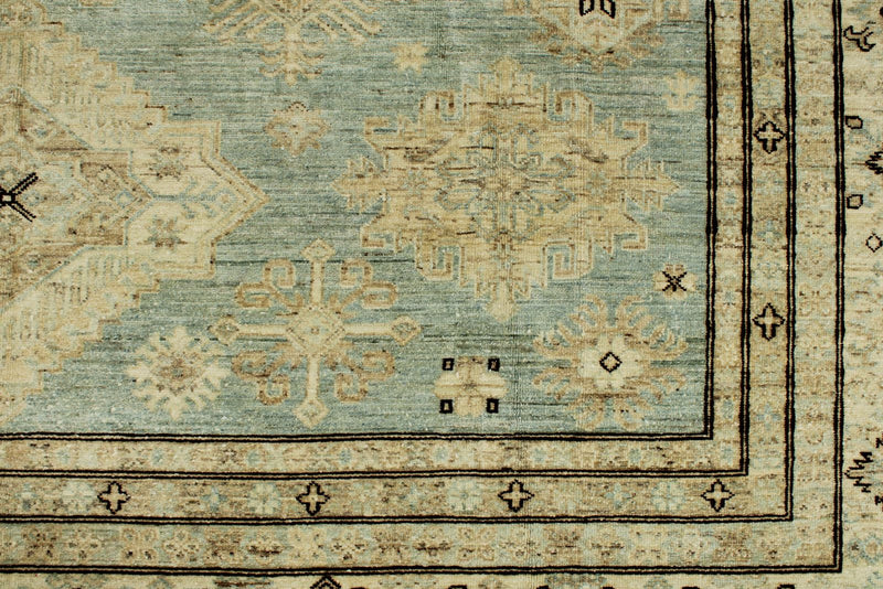 9x12 Light Blue and Ivory Turkish Tribal Rug