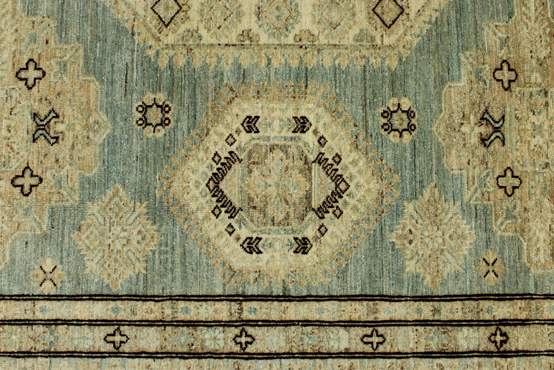9x12 Light Blue and Ivory Turkish Tribal Rug