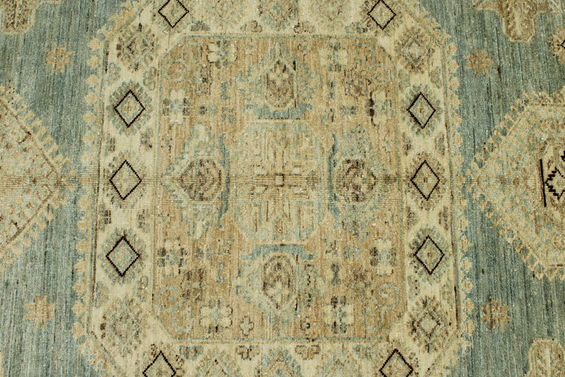 9x12 Light Blue and Ivory Turkish Tribal Rug