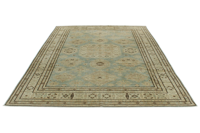 9x12 Light Blue and Ivory Turkish Tribal Rug