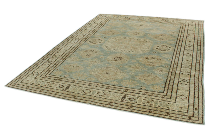 9x12 Light Blue and Ivory Turkish Tribal Rug