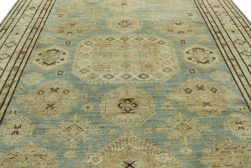 9x12 Light Blue and Ivory Turkish Tribal Rug