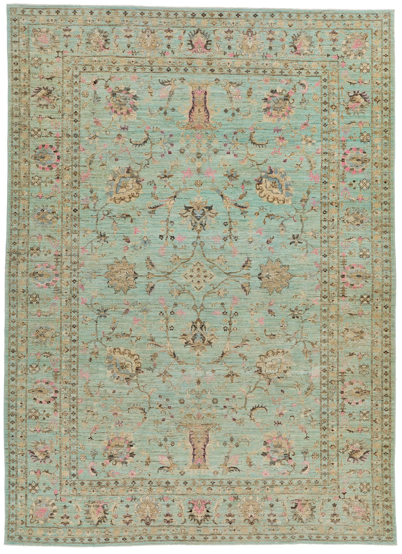 8x11 Light Green and Multicolor Turkish Tribal Rug