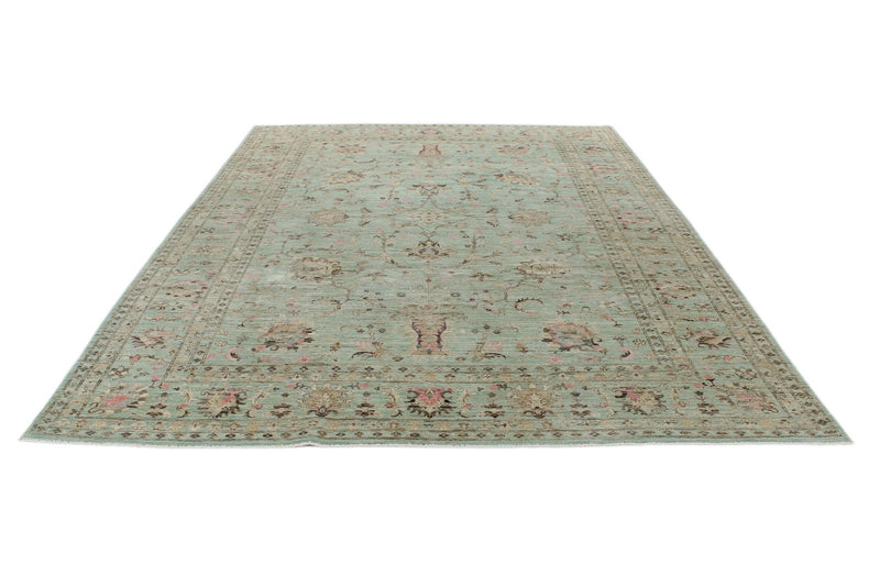 8x11 Light Green and Multicolor Turkish Tribal Rug