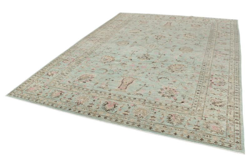 8x11 Light Green and Multicolor Turkish Tribal Rug