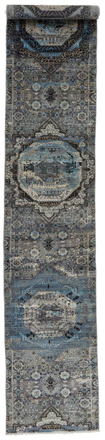 3x14 Gray and Light Blue Turkish Tribal Rug