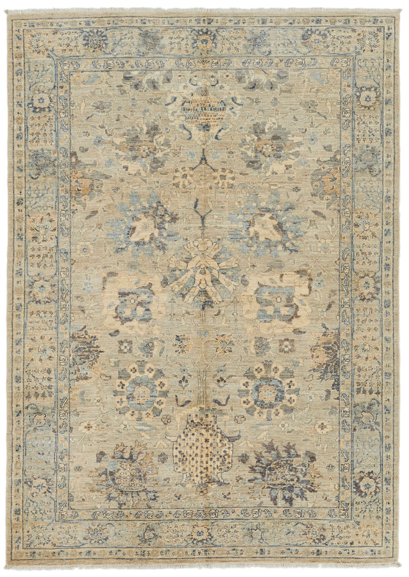 6x8 Beige and Multicolor Turkish Tribal Rug
