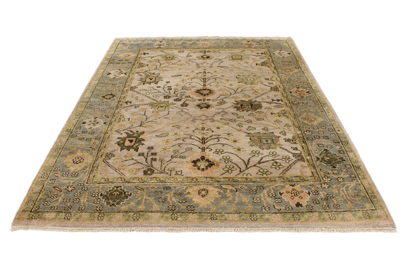 6x9 Beige and Blue Turkish Oushak Rug