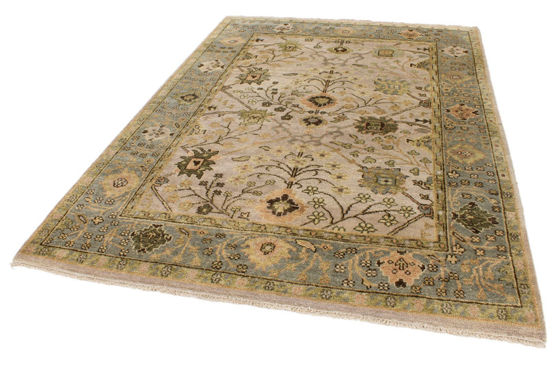 6x9 Beige and Blue Turkish Oushak Rug