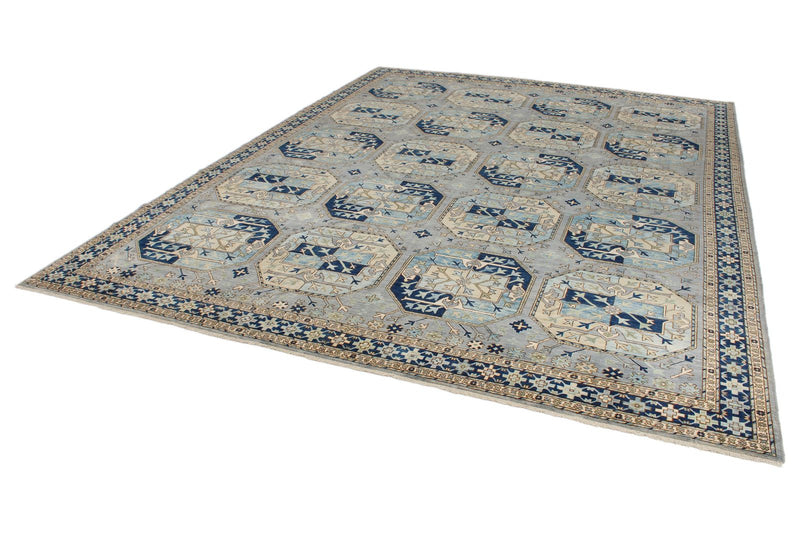 9x12 Light Blue and Navy Traditional Rug