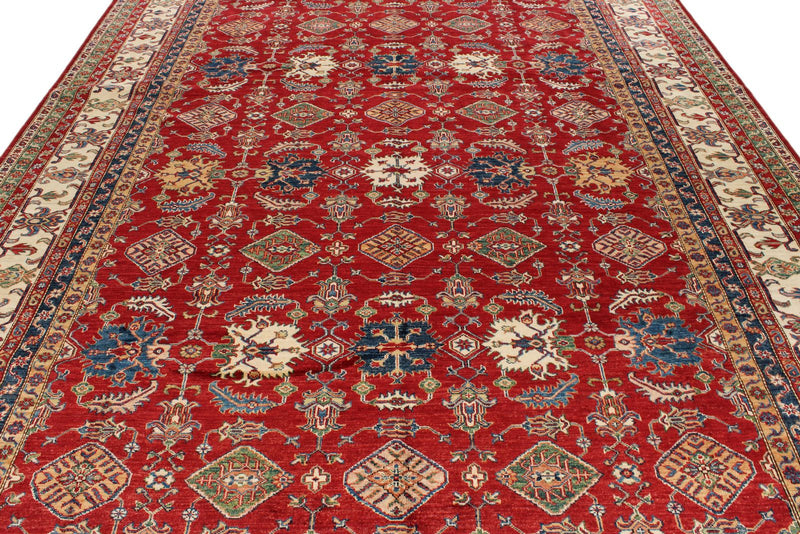 9x12 Red and Ivory Kazak Tribal Rug