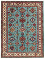 9x12 Light Blue and Ivory Kazak Tribal Rug