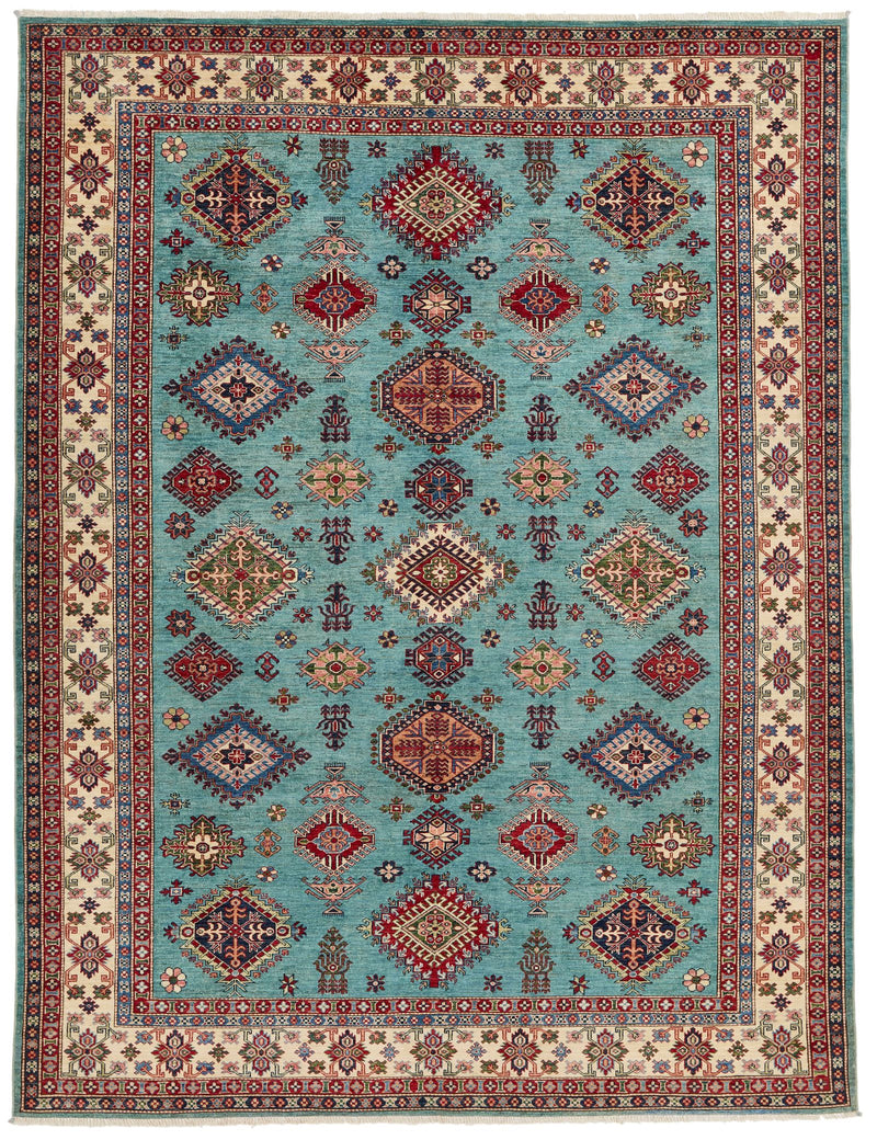 9x12 Light Blue and Ivory Kazak Tribal Rug