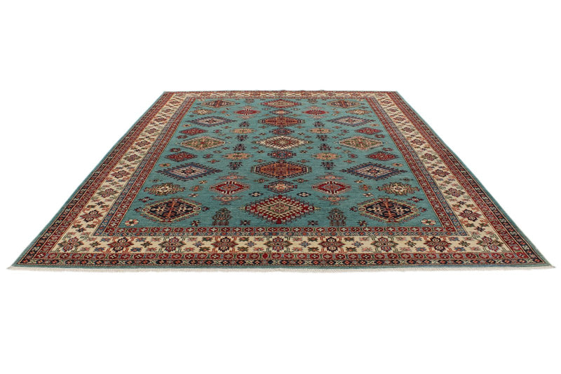 9x12 Light Blue and Ivory Kazak Tribal Rug