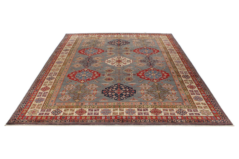 9x12 Gray and Ivory Kazak Tribal Rug