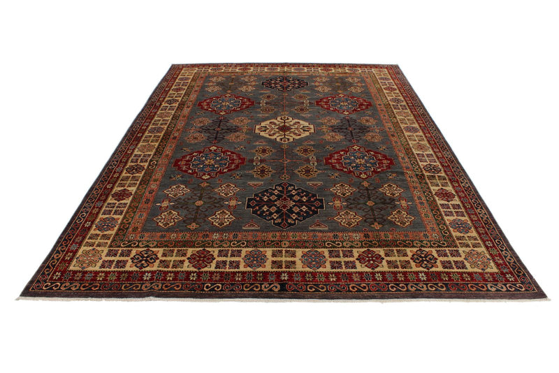 9x12 Gray and Ivory Kazak Tribal Rug