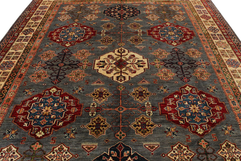 9x12 Gray and Ivory Kazak Tribal Rug