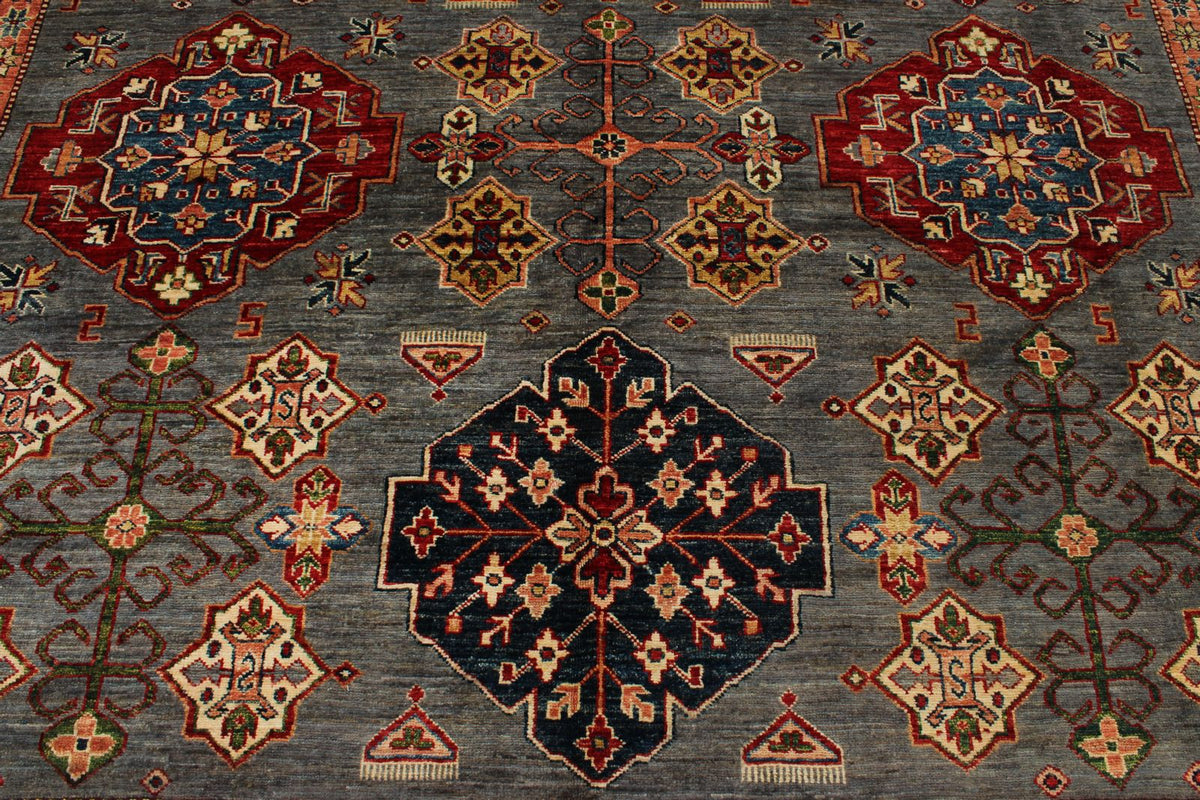 9x12 Gray and Ivory Kazak Tribal Rug