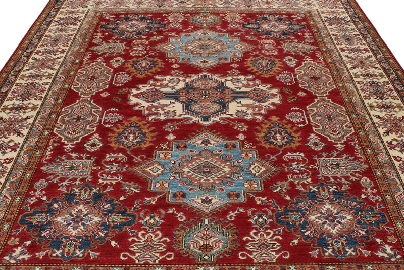 8x10 Red and Ivory Kazak Tribal Rug