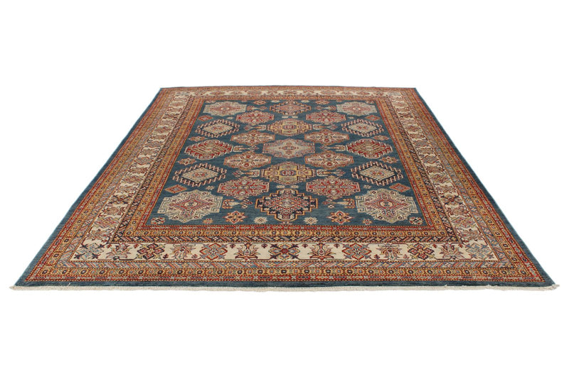 8x10 Navy and Ivory Kazak Tribal Rug