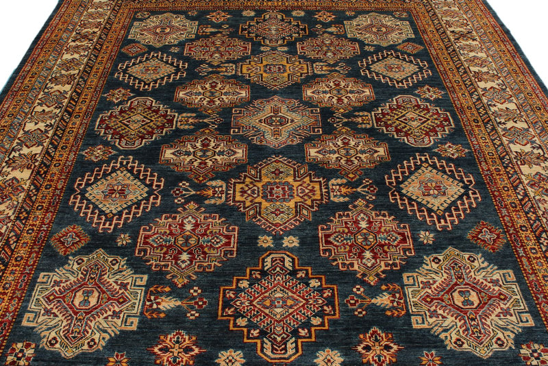 8x10 Navy and Ivory Kazak Tribal Rug