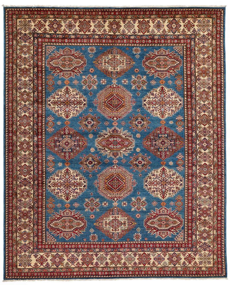 8x10 Blue and Ivory Kazak Tribal Rug