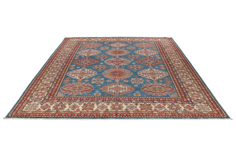 8x10 Blue and Ivory Kazak Tribal Rug