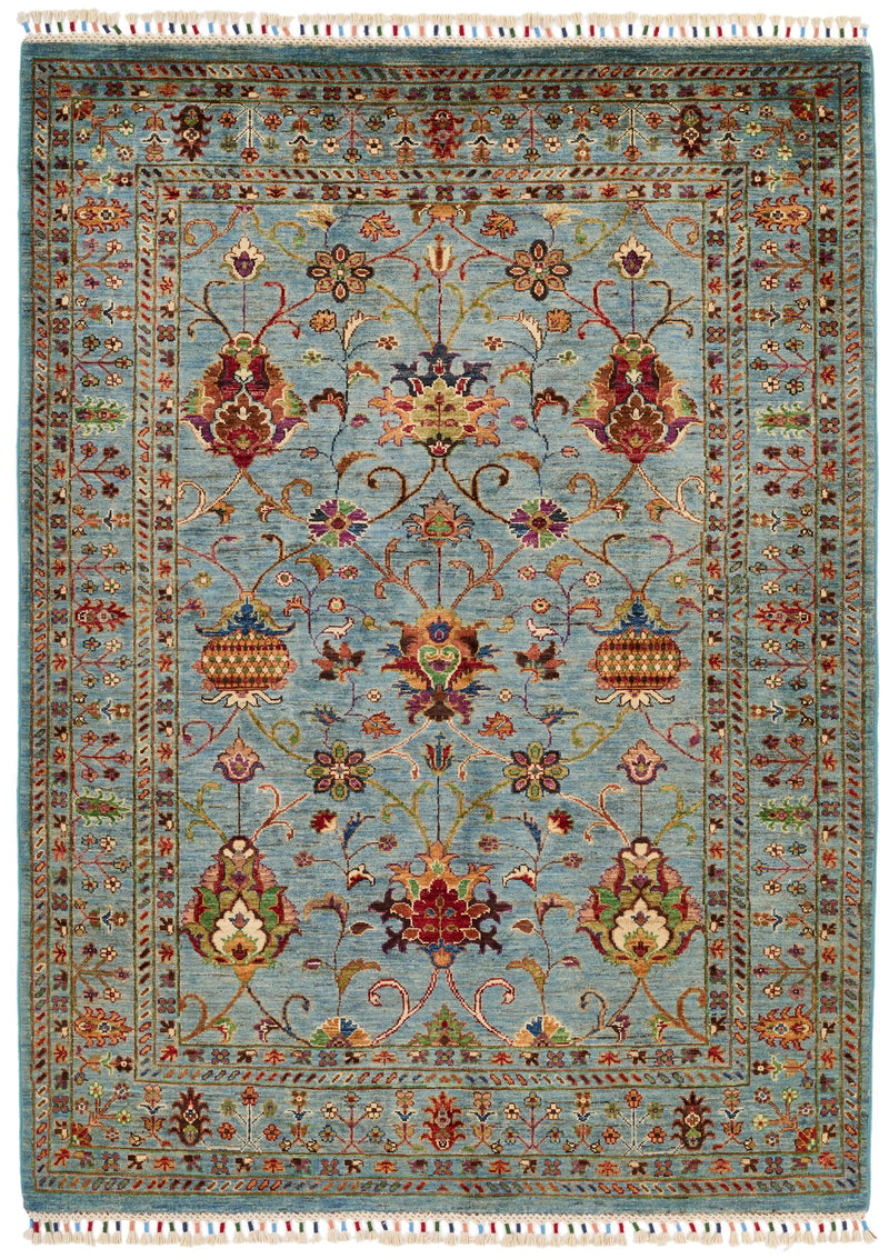 5x7 Light Blue and Multicolor Turkish Tribal Rug