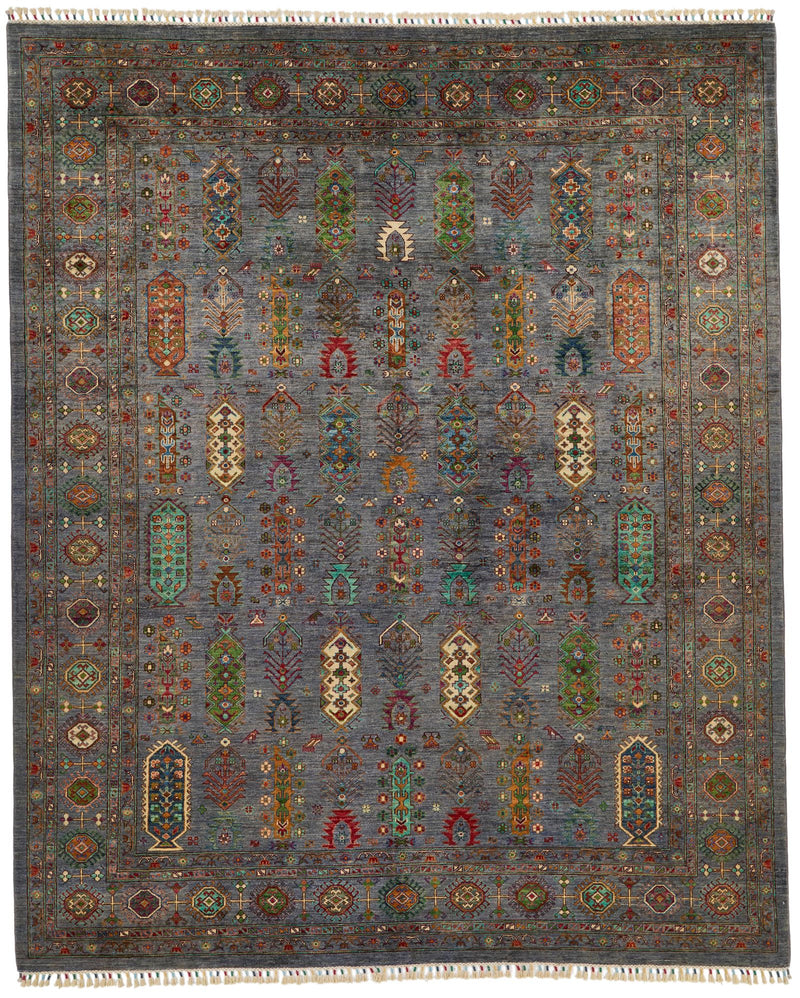 9x10 Gray and Multicolor Turkish Tribal Rug