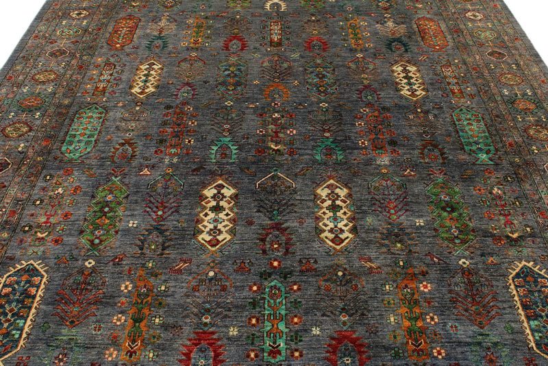 9x10 Gray and Multicolor Turkish Tribal Rug