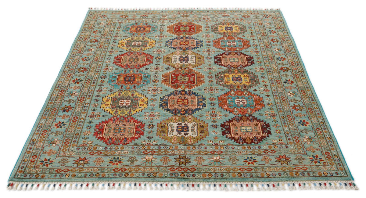 5x7 Turquoıse and Multicolor Turkish Tribal Rug
