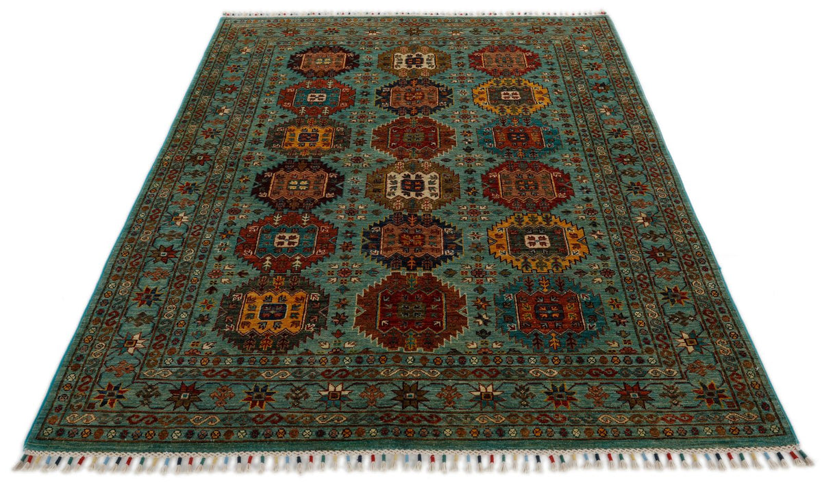 5x7 Turquoıse and Multicolor Turkish Tribal Rug