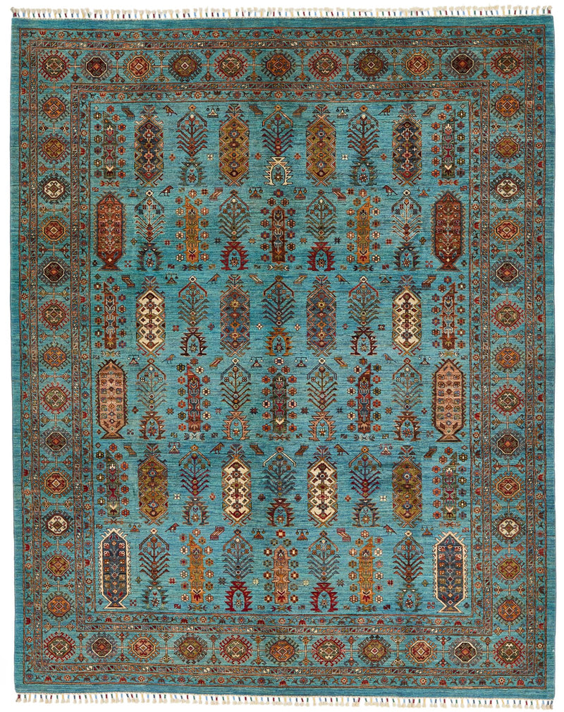 8x10 Light Blue and Multicolor Turkish Tribal Rug