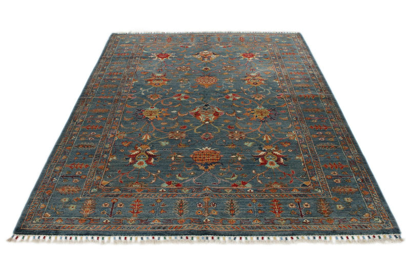 6x8 Navy and Multicolor Turkish Tribal Rug
