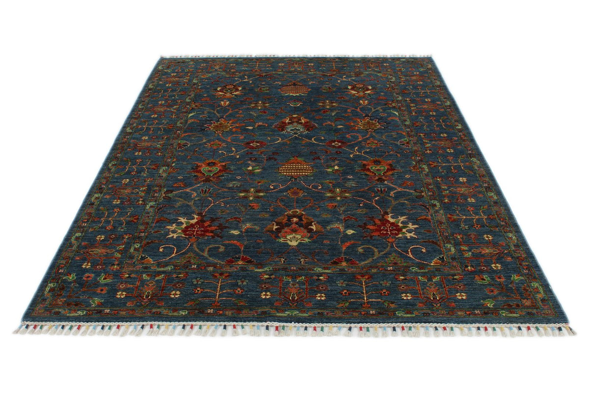 6x8 Navy and Multicolor Turkish Tribal Rug