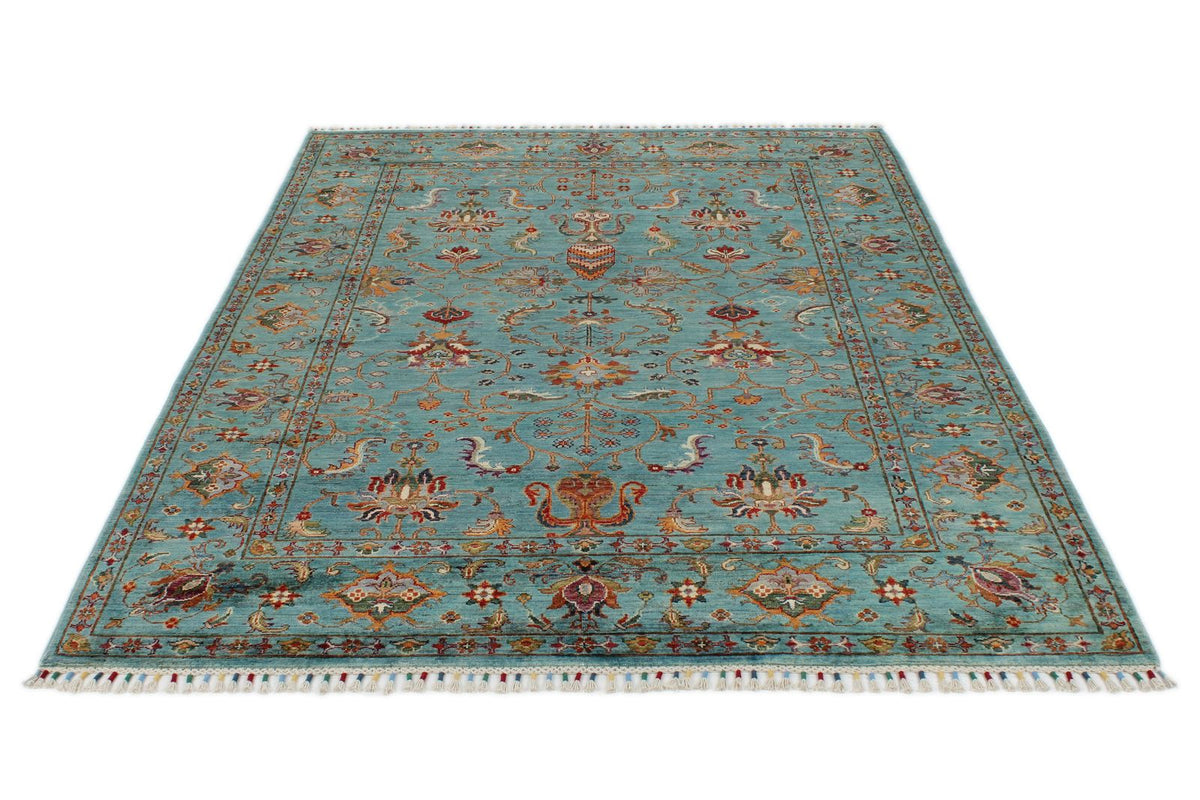 6x8 Blue and Multicolor Turkish Tribal Rug