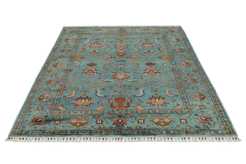 6x8 Blue and Multicolor Turkish Tribal Rug
