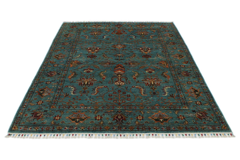 6x8 Blue and Multicolor Turkish Tribal Rug