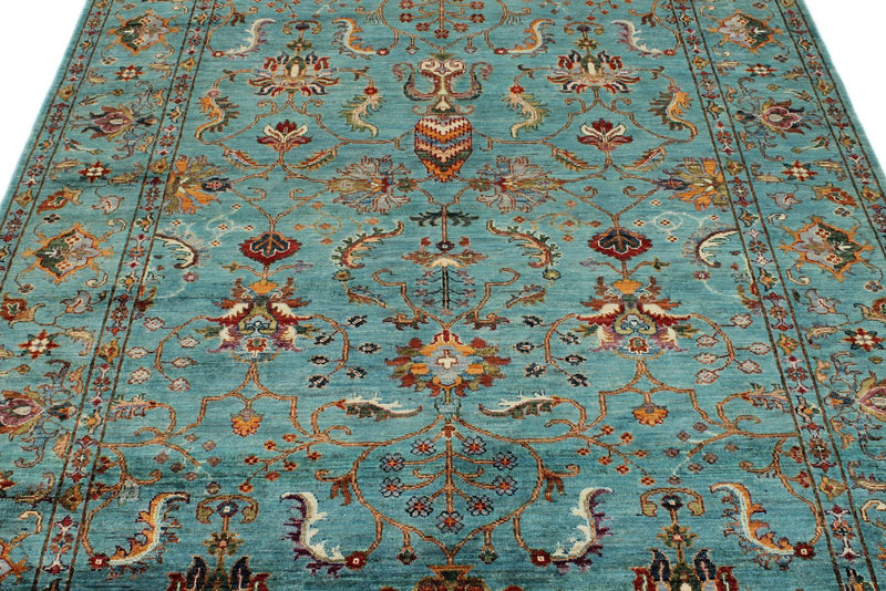 6x8 Blue and Multicolor Turkish Tribal Rug