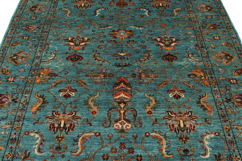 6x8 Blue and Multicolor Turkish Tribal Rug