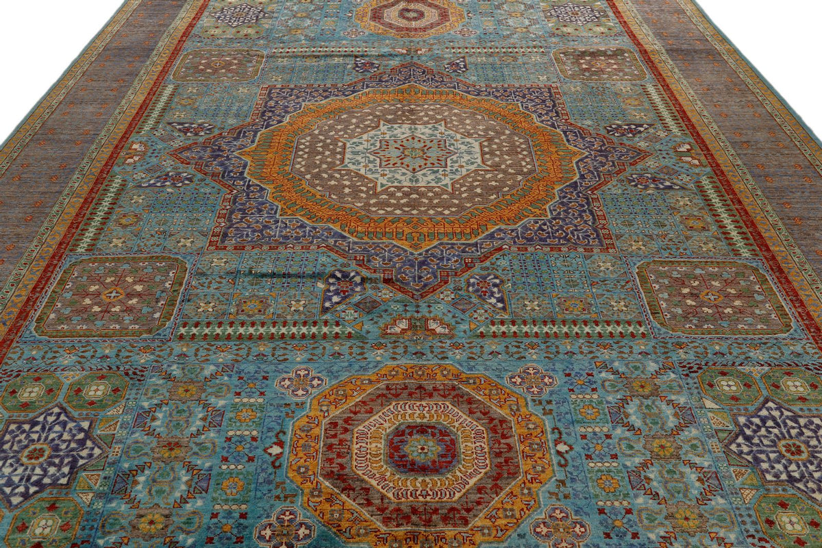 10x13 Light Blue and Gray Turkish Tribal Rug