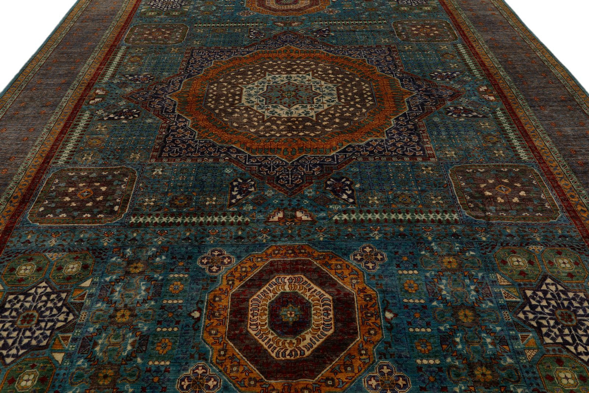 10x13 Light Blue and Gray Turkish Tribal Rug