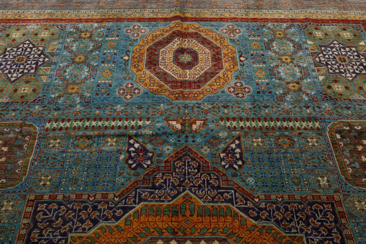 10x13 Light Blue and Gray Turkish Tribal Rug