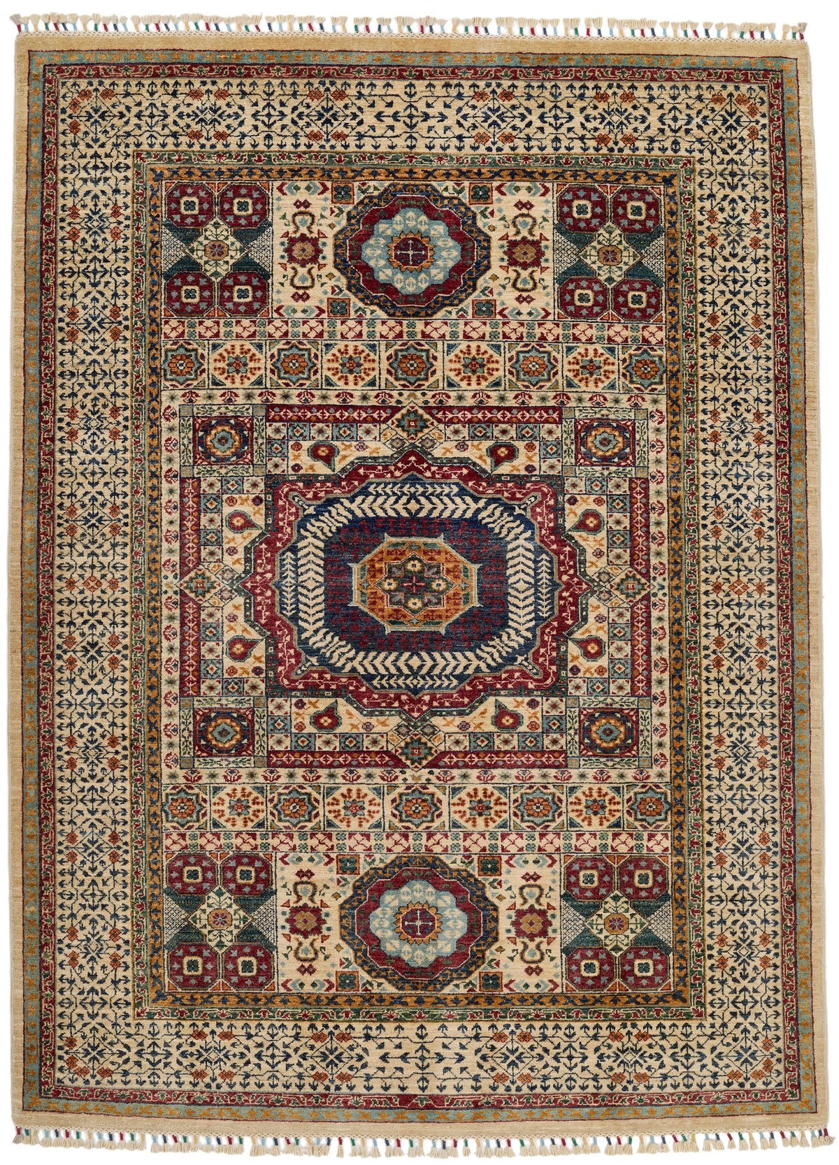 6x8 Ivory and Multicolor Turkish Tribal Rug