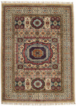 6x8 Ivory and Multicolor Turkish Tribal Rug