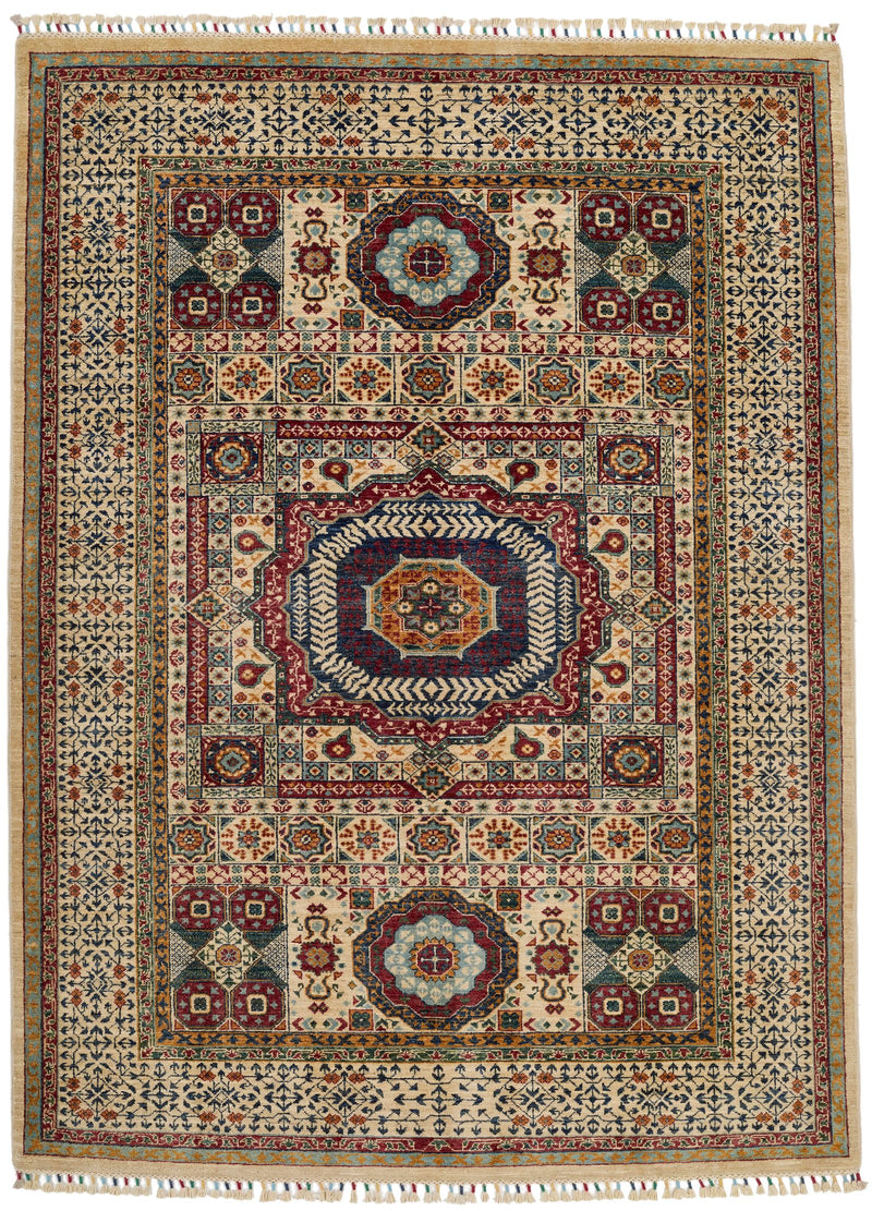 6x8 Ivory and Multicolor Turkish Tribal Rug