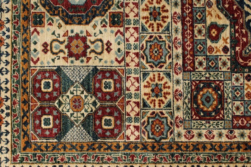 6x8 Ivory and Multicolor Turkish Tribal Rug